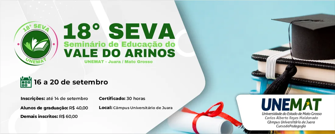 Banner do evento SEVA 18 ANOS: por uma educação democrática, diversa, inclusiva e interdisciplinar
